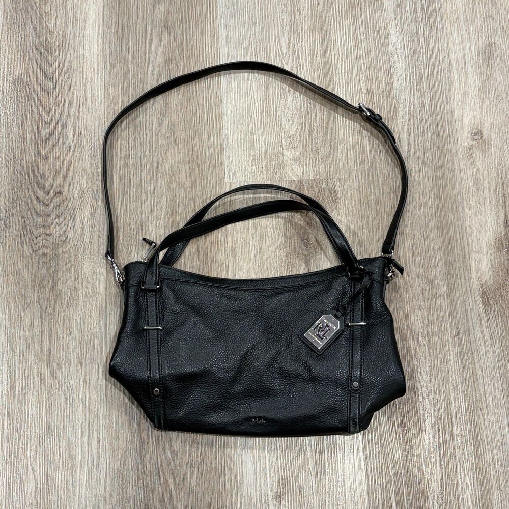 Lauren Ralph Lauren Black Pebbled Leather Convertible Satchel Shoulder Bag Purse